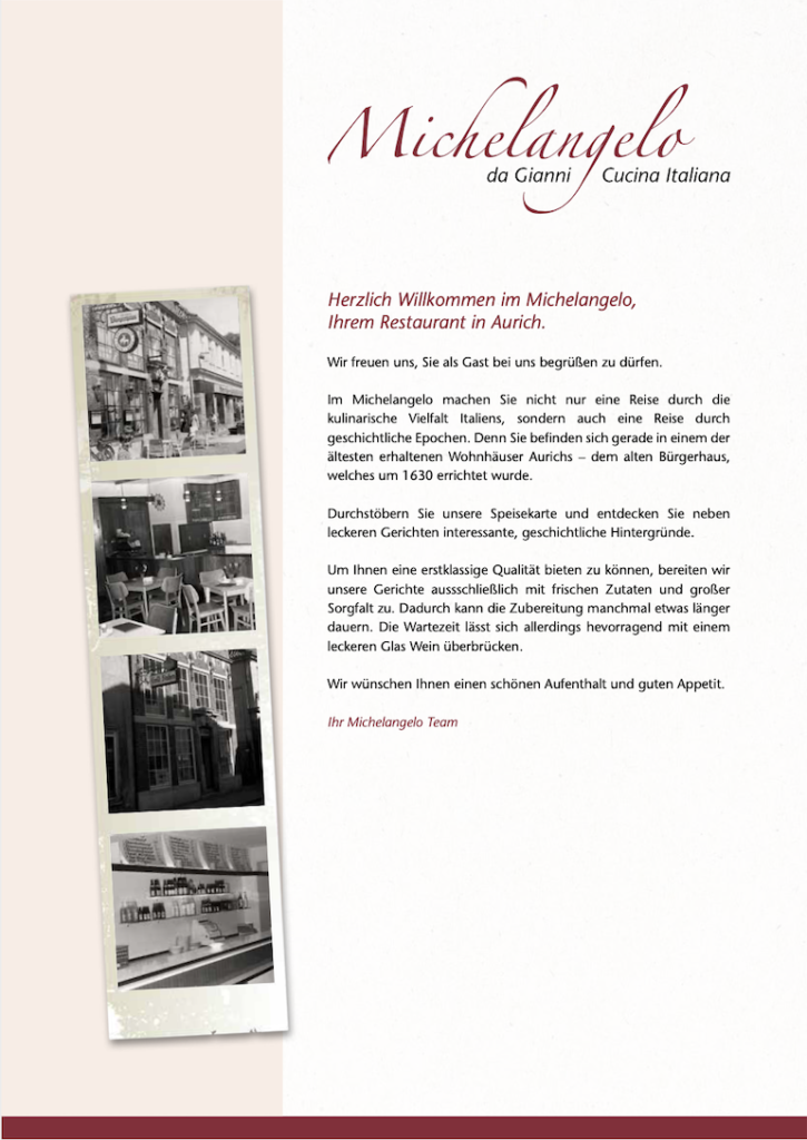 Michelangelo Speisekarte